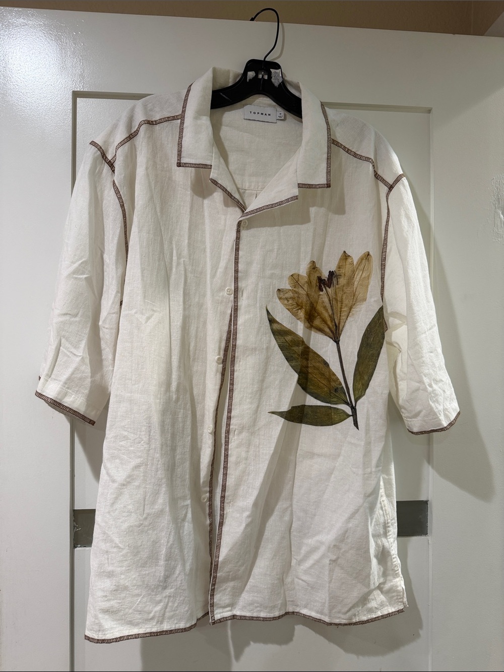 Topman Cream Linen-Blend Floral Button Shirt Jacket